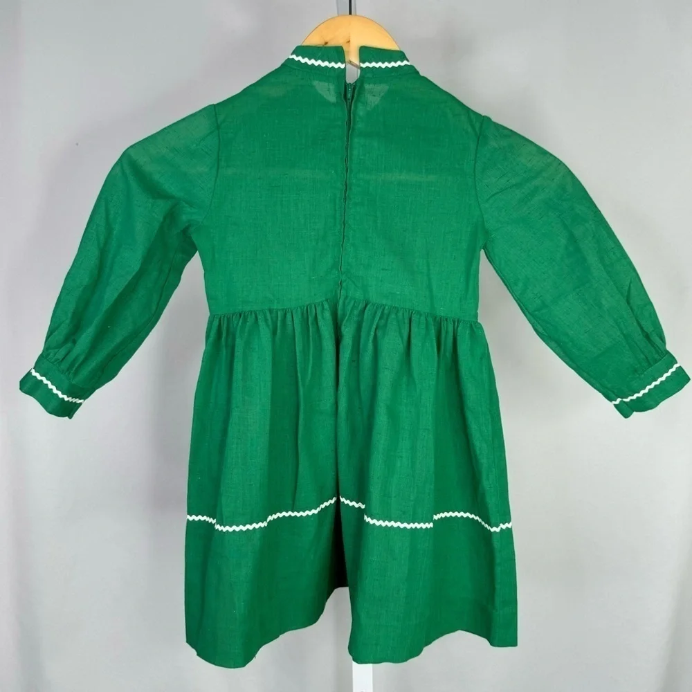 Vintage Polly Flinders hand smocked dress kelly green ric-rac long sleeve 5